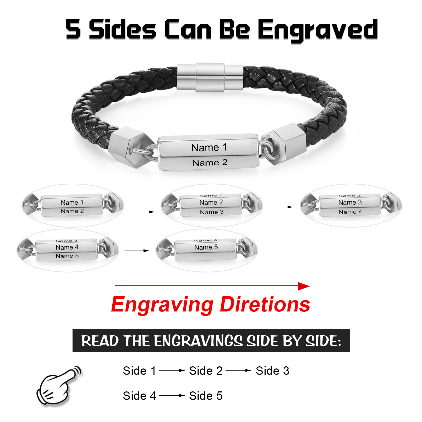 Braccialetto da uomo in pelle intrecciata personalizzato con 5 nomi per uomo/nonno