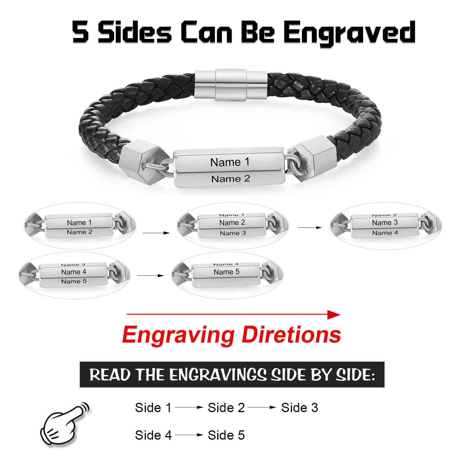 Braccialetto da uomo in pelle intrecciata personalizzato con 5 nomi per uomo/nonno