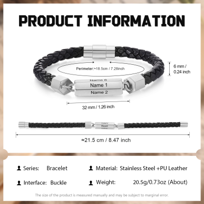 Braccialetto da uomo in pelle intrecciata personalizzato con 6 nomi per uomo/nonno