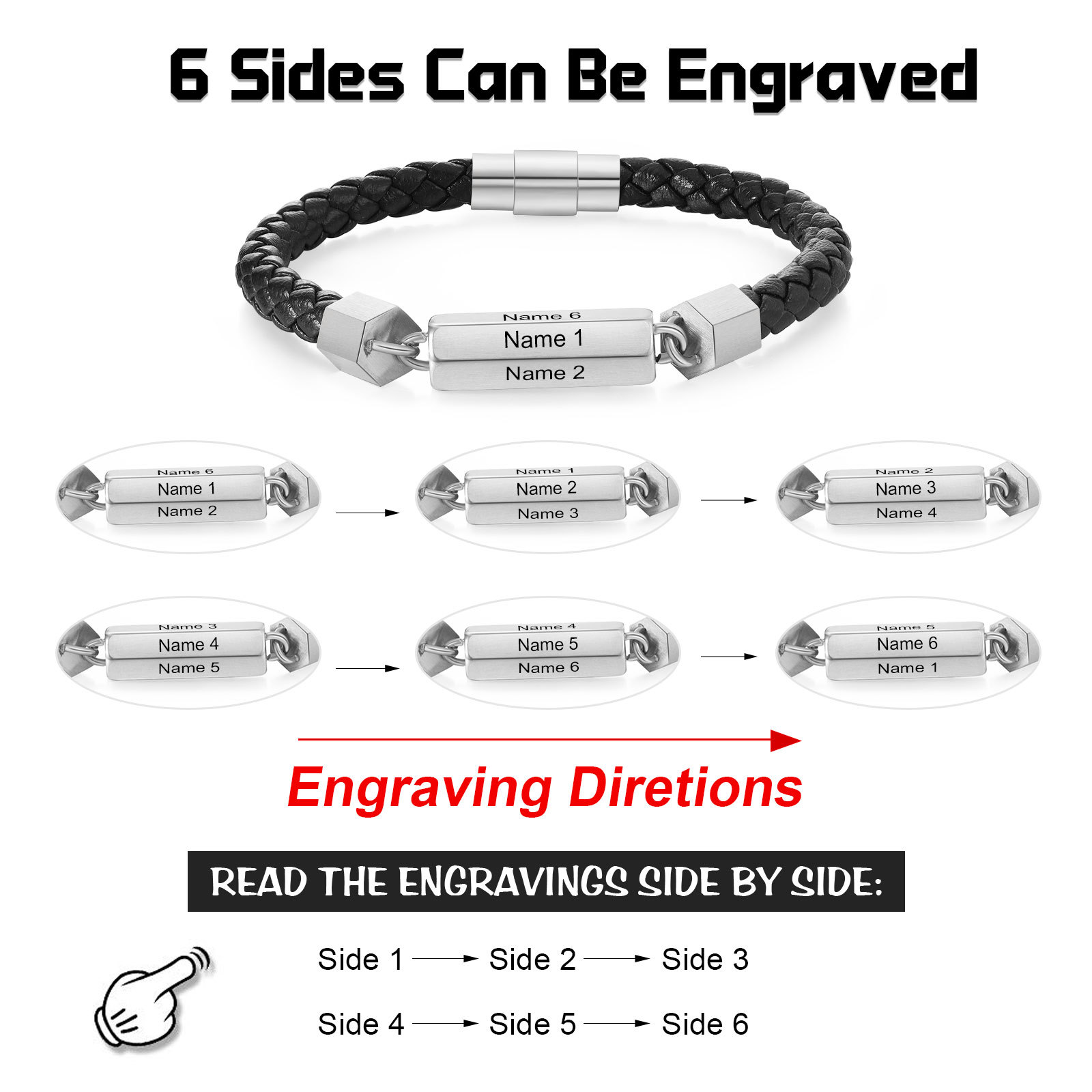 Braccialetto da uomo in pelle intrecciata personalizzato con 6 nomi per uomo/nonno