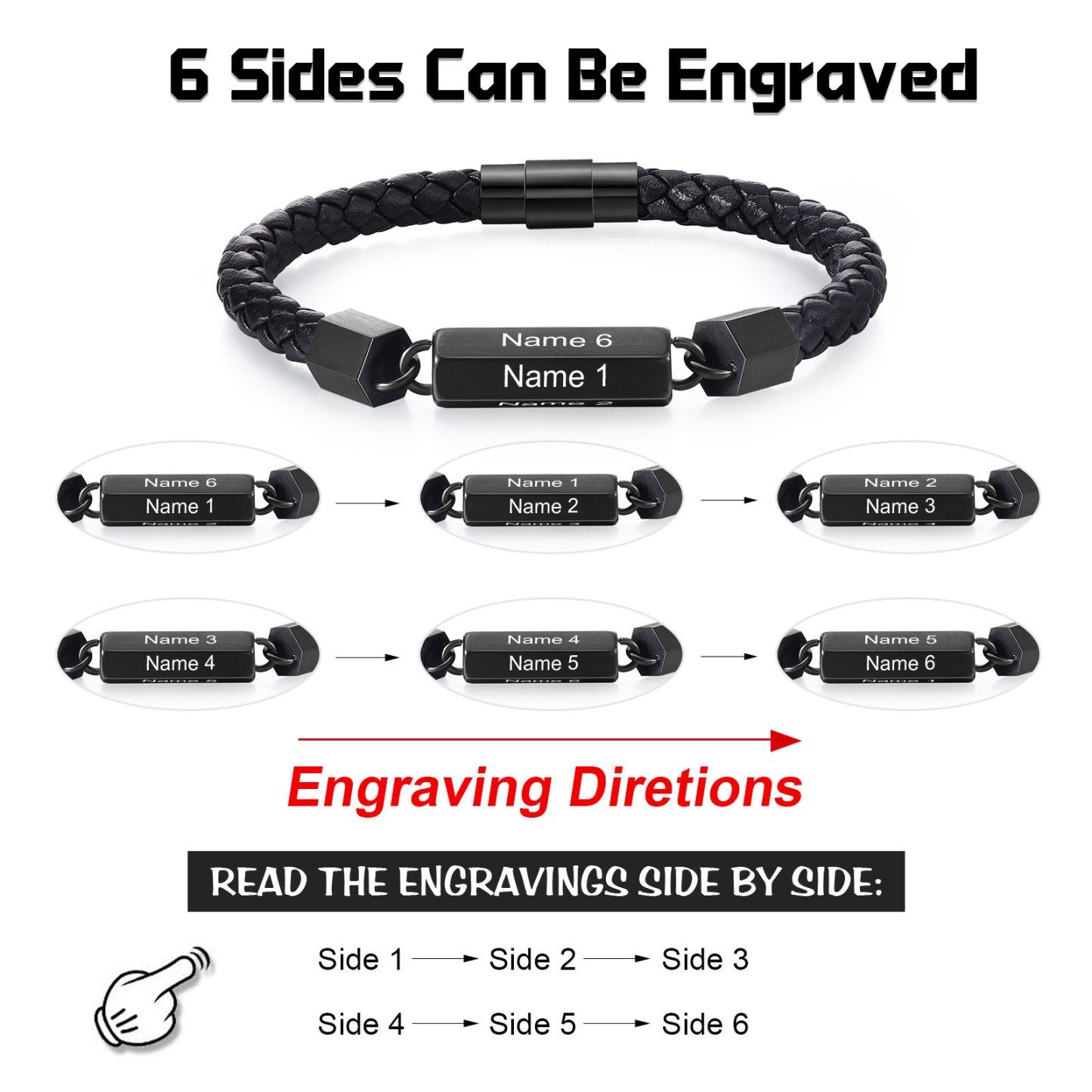 Braccialetto da uomo in pelle intrecciata personalizzato con 6 nomi per uomo/nonno
