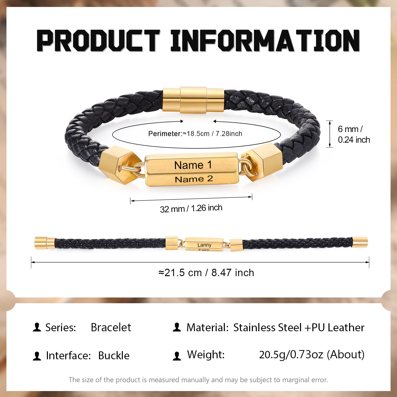 Braccialetto da uomo in pelle intrecciata personalizzato con 2 nomi per uomo/nonno