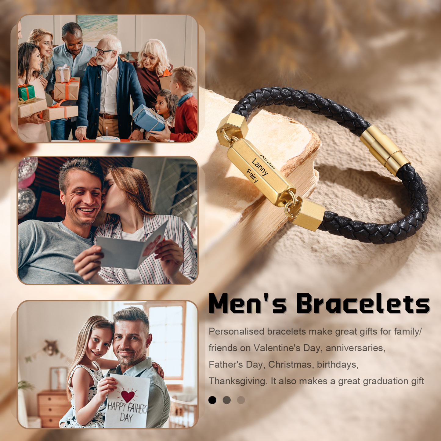 Braccialetto da uomo in pelle intrecciata personalizzato con 6 nomi per uomo/nonno