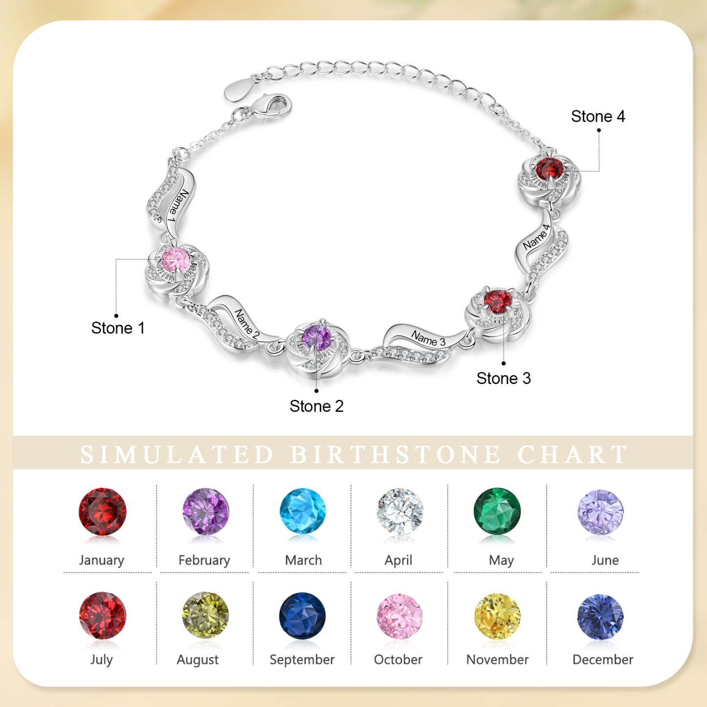 Personalised Birthstone Bracelet with Custom 4 Names & 4 Birthstones Christmas Gift for Her | Jessemade