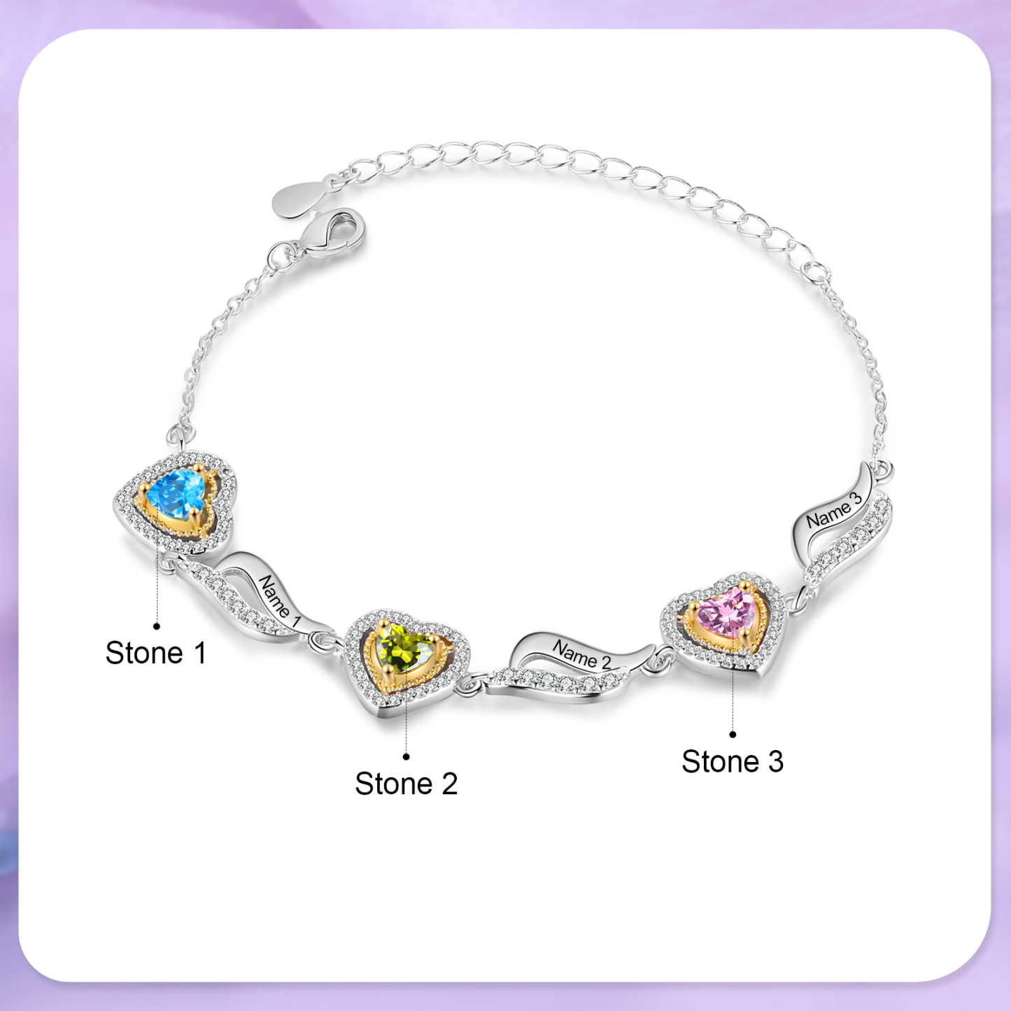 Personalised Heart Birthstone Bracelet with Custom 3 Names & 3 Birthstones Christmas Gift for Her | Jessemade