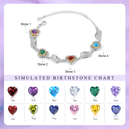 Personalised Heart Birthstone Bracelet with Custom 4 Names & 4 Birthstones Christmas Gift for Her | Jessemade