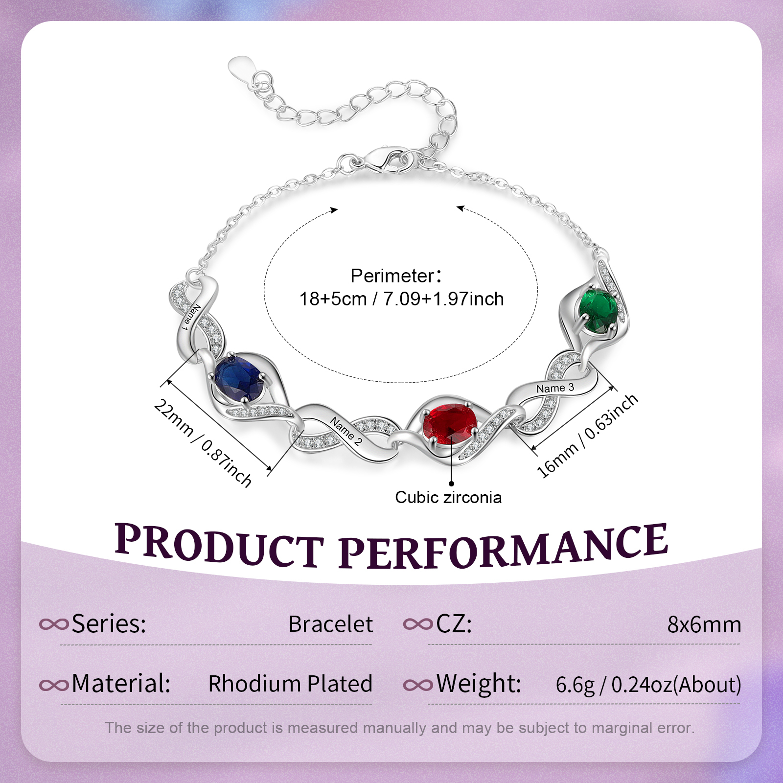 Personalised Birthstone Bracelet with Custom 3 Names & 3 Birthstones, Rhodium-Plated Jewelry Gift for Her | Jessemade