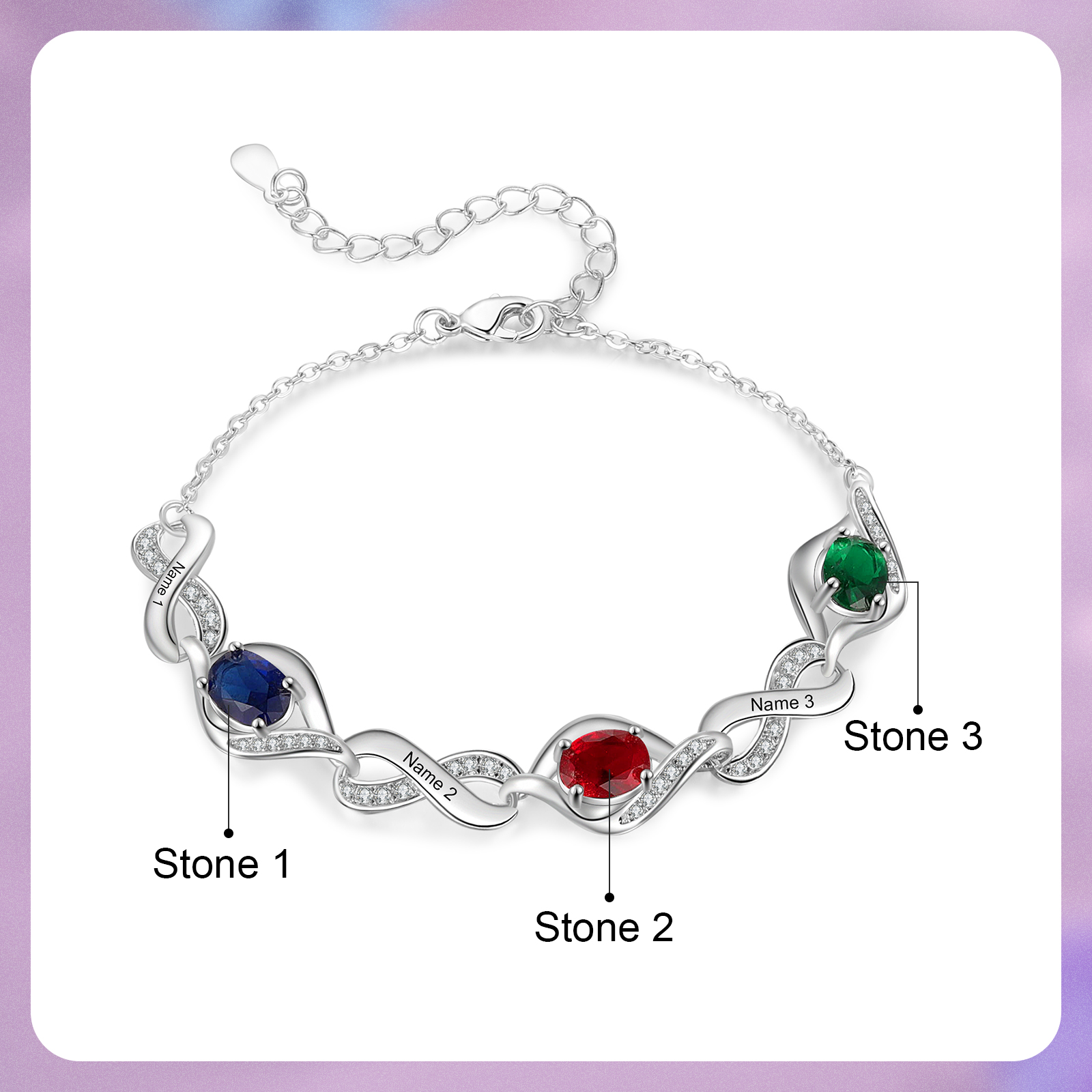 Personalised Birthstone Bracelet with Custom 3 Names & 3 Birthstones, Rhodium-Plated Jewelry Gift for Her | Jessemade
