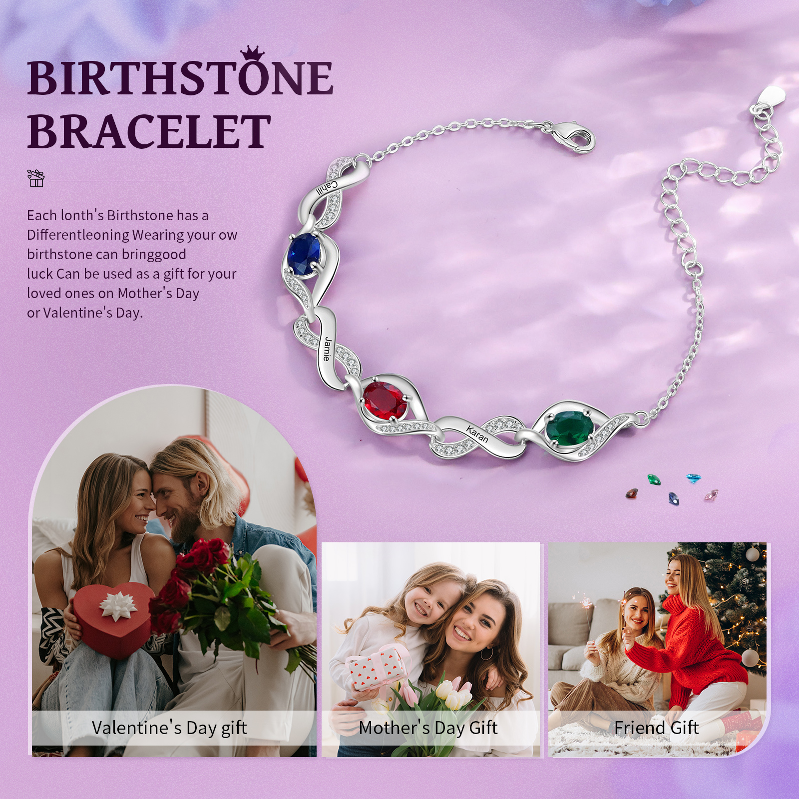 Personalised Birthstone Bracelet with Custom 3 Names & 3 Birthstones, Rhodium-Plated Jewelry Gift for Her | Jessemade
