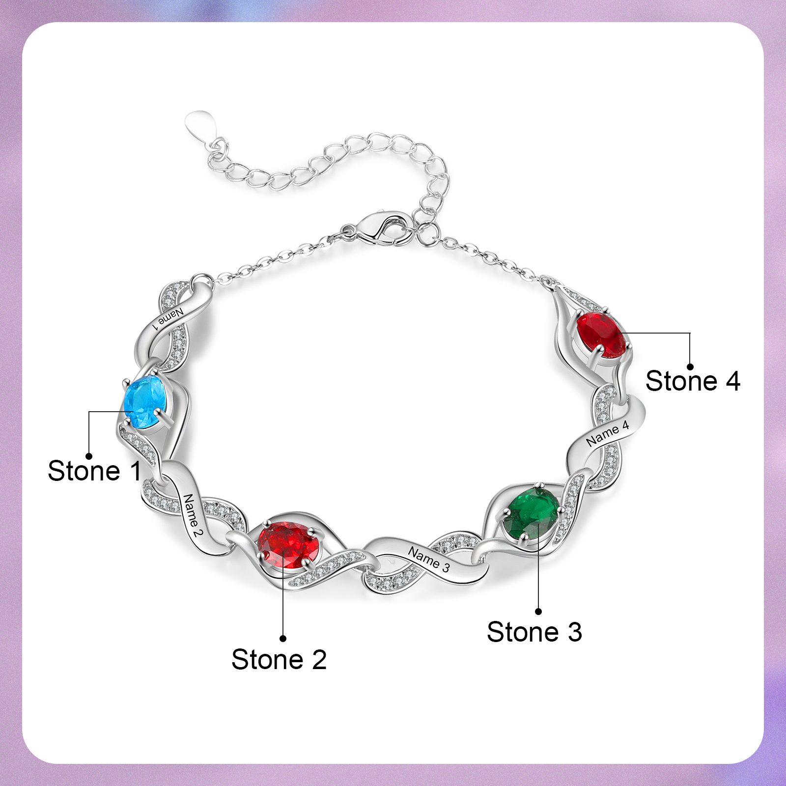 Personalised Birthstone Bracelet with Custom 4 Names & 4 Birthstones, Rhodium-Plated Jewelry Gift for Her | Jessemade