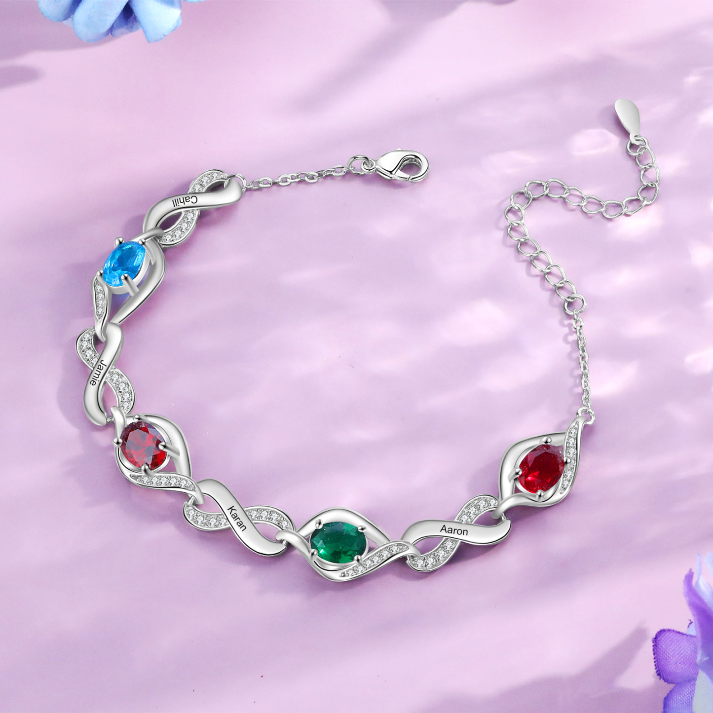 Personalised Birthstone Bracelet with Custom 4 Names & 4 Birthstones, Rhodium-Plated Jewelry Gift for Her | Jessemade