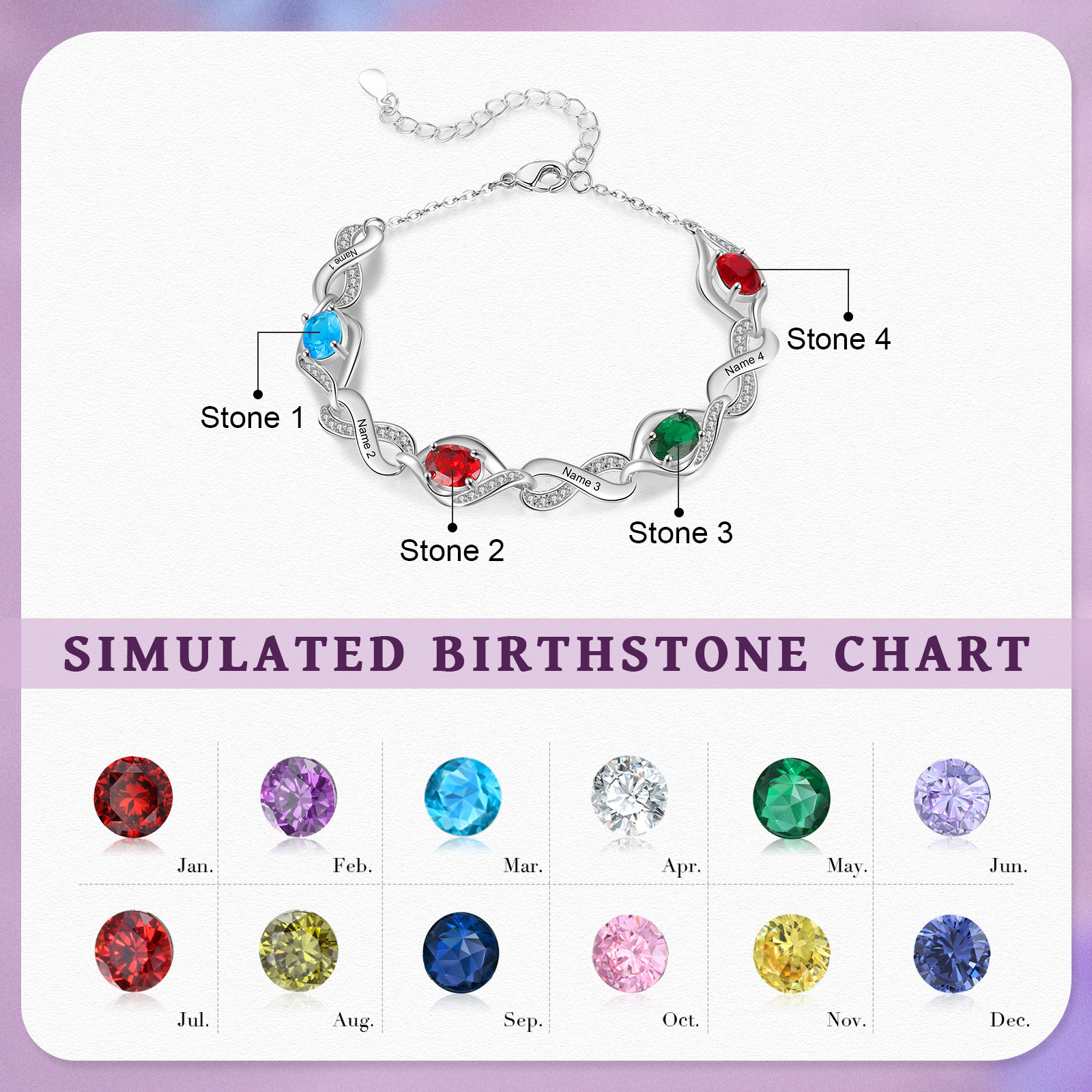 Personalised Birthstone Bracelet with Custom 4 Names & 4 Birthstones, Rhodium-Plated Jewelry Gift for Her | Jessemade