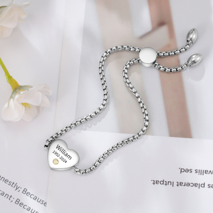 Personalized Heart Birthstone Bracelet – Custom Name & DateMemorial Gift For Women