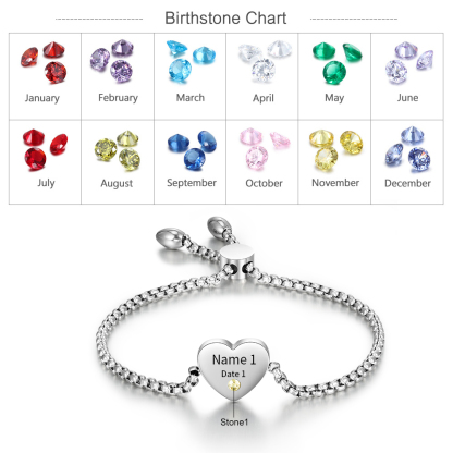 Personalized Heart Birthstone Bracelet – Custom Name & DateMemorial Gift For Women