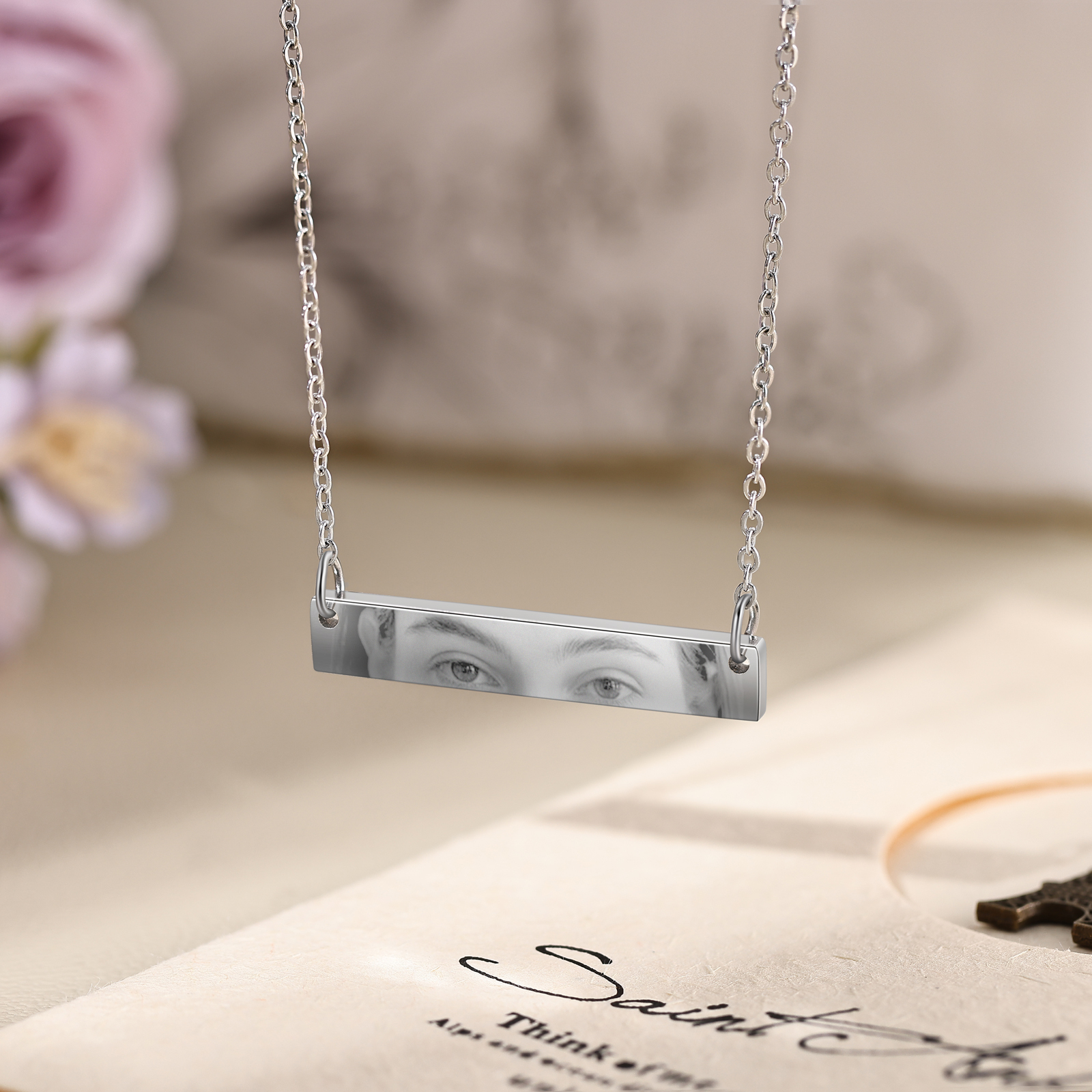Personalised Eye Necklace with Custom 1 Photo - Minimalist Rectangle Bar Design, Valentine’s Day Gifts for Couple | Jessemade