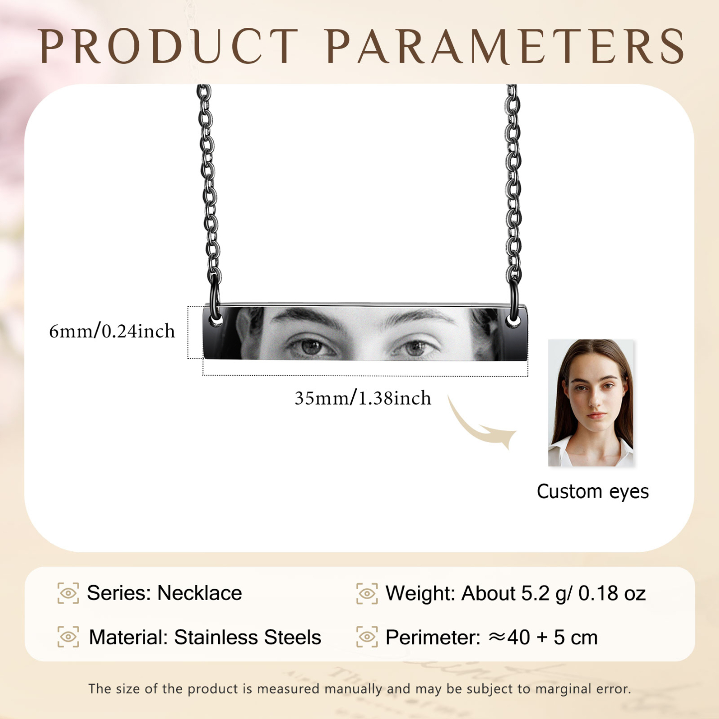 Personalised Eye Necklace with Custom 1 Photo - Minimalist Rectangle Bar Design, Valentine’s Day Gifts for Couple | Jessemade