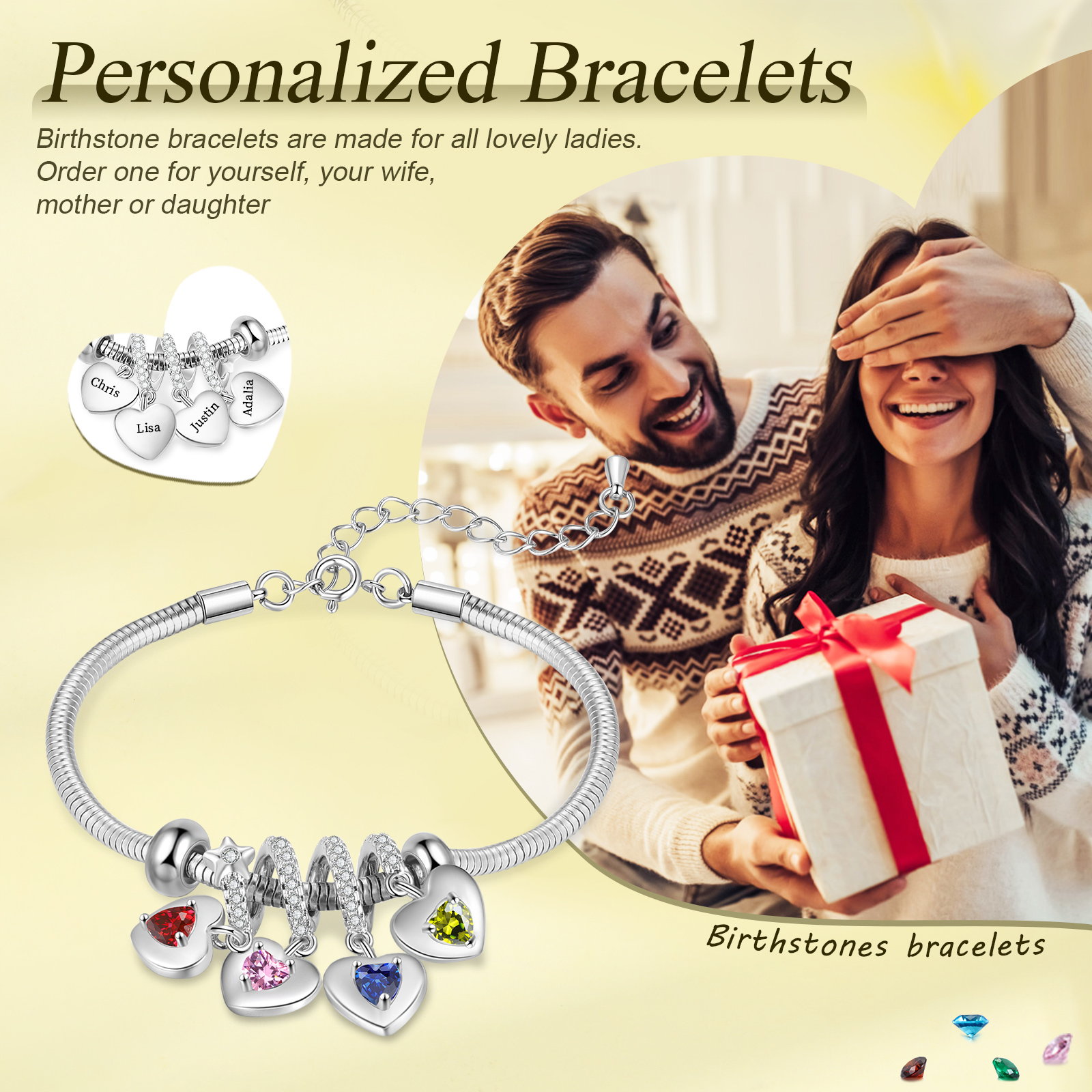 Personalised Women's Birthstone Bracelet – Customised with 4 Names & 4 Birthstones, Heart Pendant Design, Special Gift for Her | Jessemade