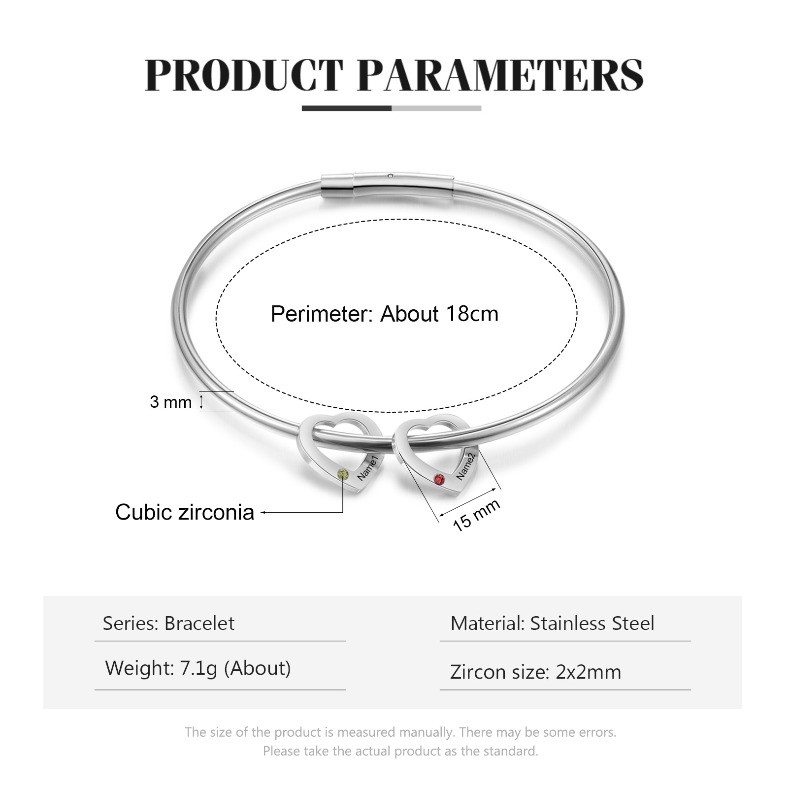 Bracciale Personalizzato da Donna a Forma di Cuore con 2 Nomi e 2 Pietre della Nascita - Oro o Argento - Regalo di San Valentino per Lei | Jessemade