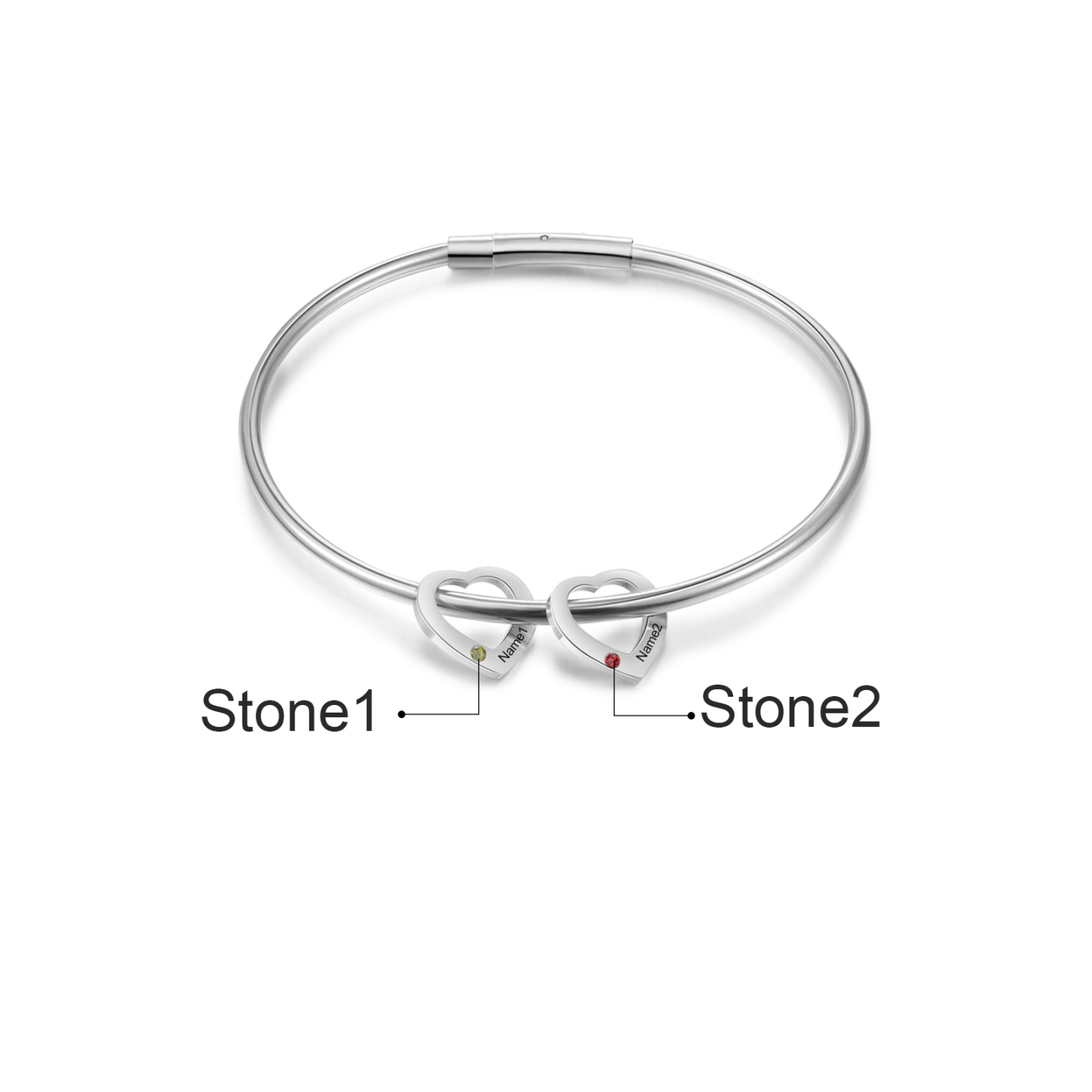 Bracciale Personalizzato da Donna a Forma di Cuore con 2 Nomi e 2 Pietre della Nascita - Oro o Argento - Regalo di San Valentino per Lei | Jessemade