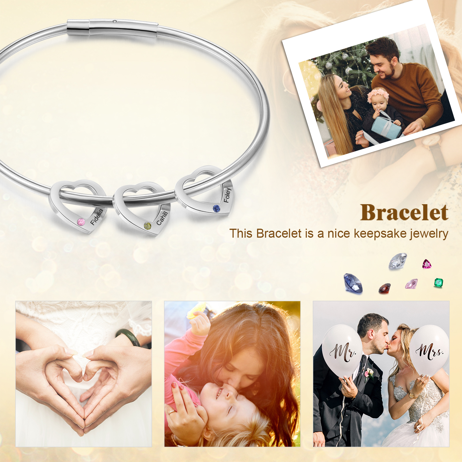 Bracciale Personalizzato da Donna a Forma di Cuore con 3 Nomi e 3 Pietre della Nascita - Oro o Argento - Regalo di San Valentino per Lei | Jessemade