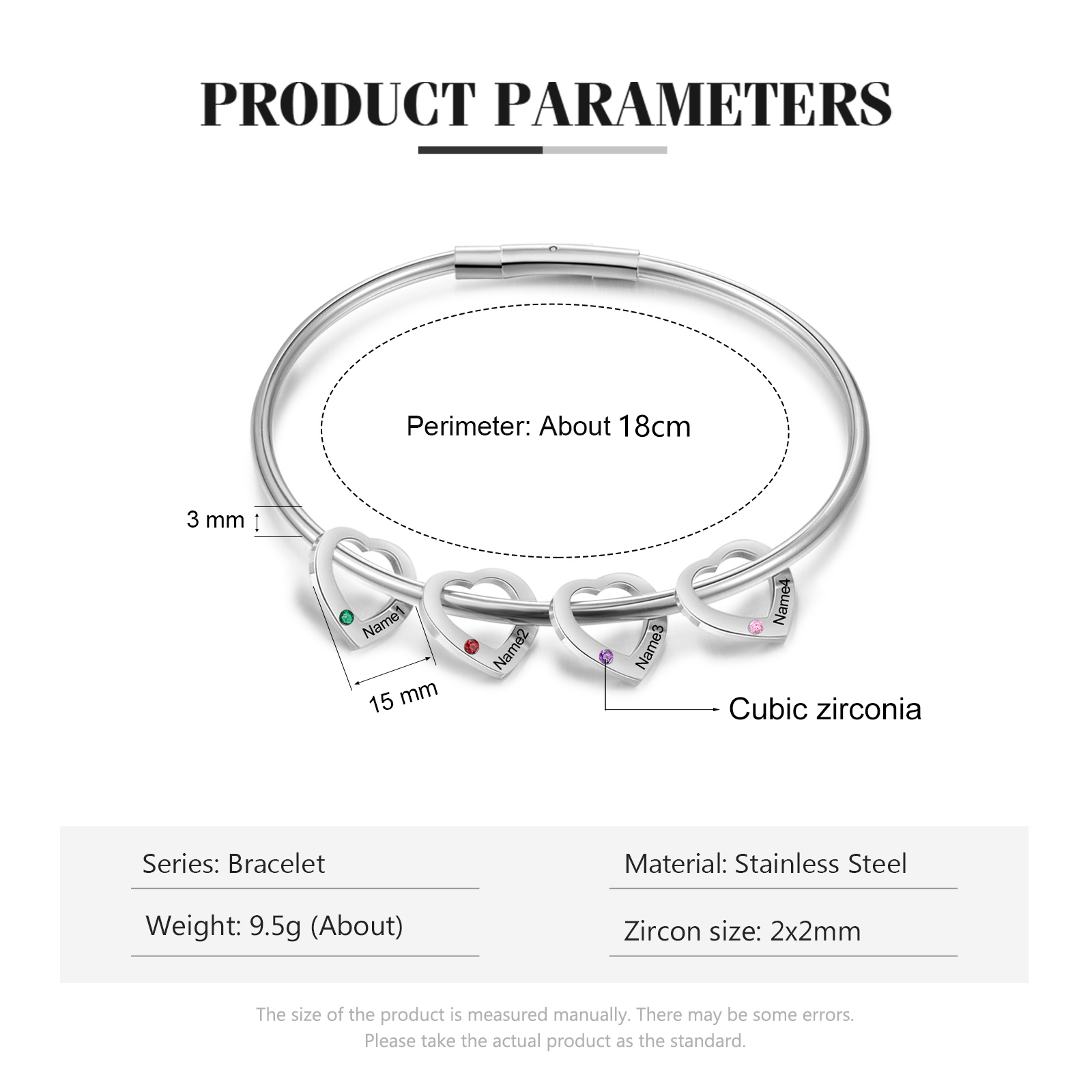 Bracciale Personalizzato da Donna a Forma di Cuore con 4 Nomi e 4 Pietre della Nascita - Oro o Argento - Regalo di San Valentino per Lei | Jessemade