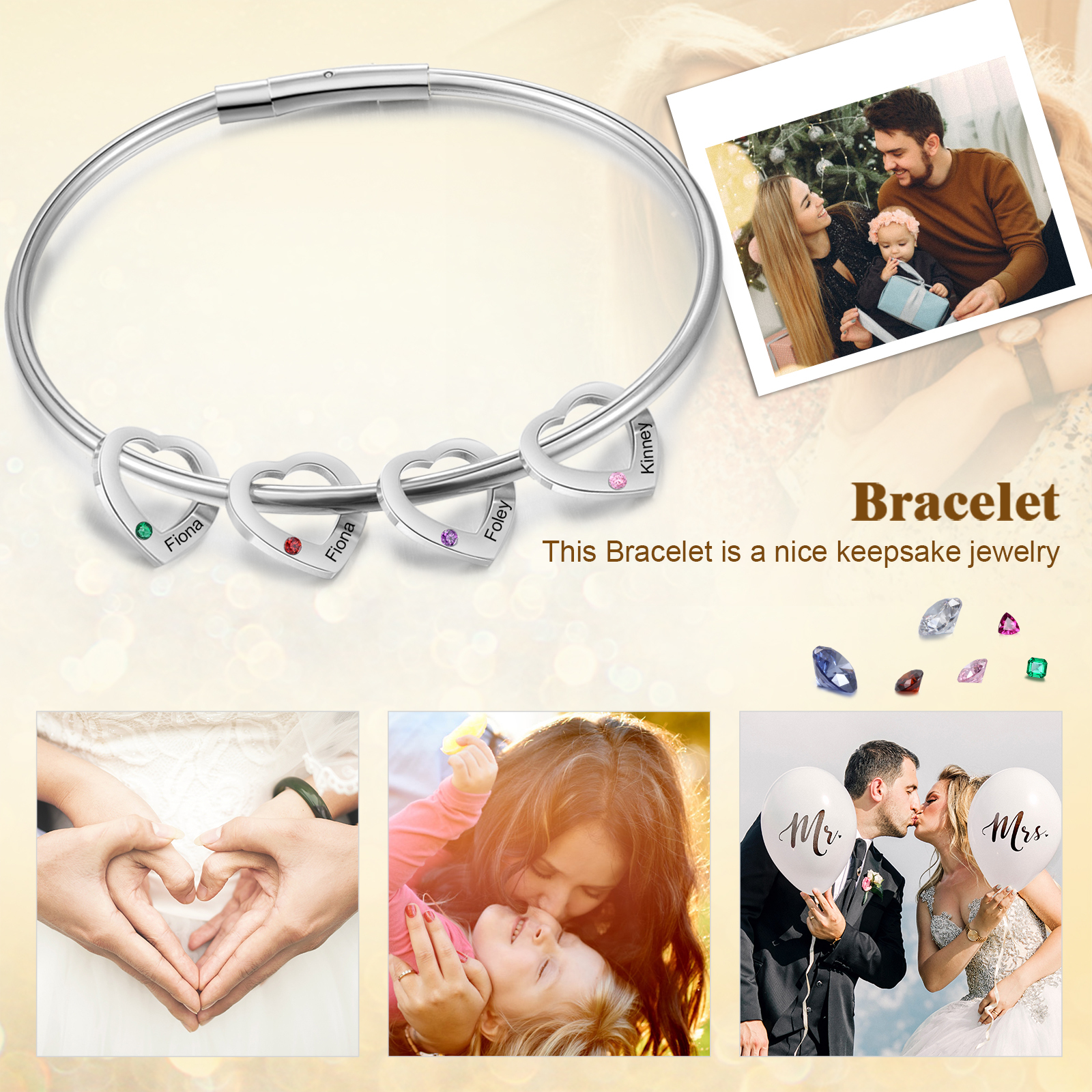 Bracciale Personalizzato da Donna a Forma di Cuore con 4 Nomi e 4 Pietre della Nascita - Oro o Argento - Regalo di San Valentino per Lei | Jessemade