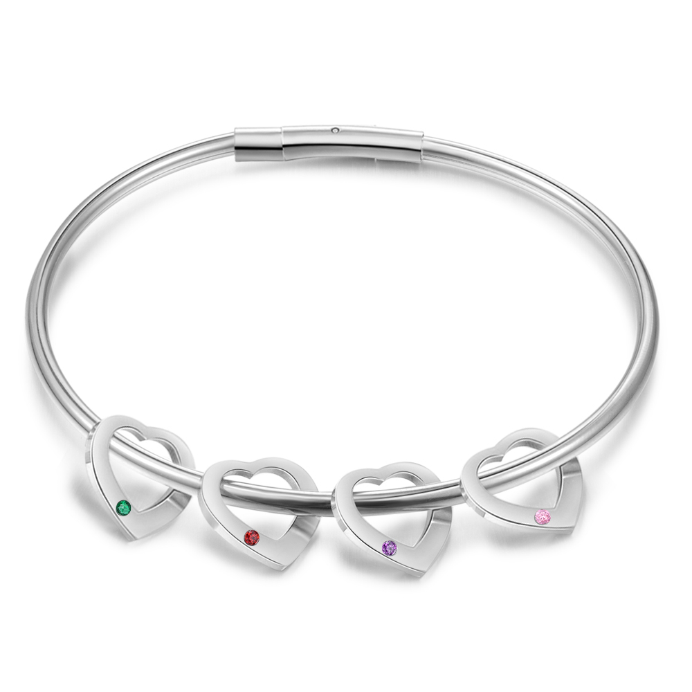 Bracciale Personalizzato da Donna a Forma di Cuore con 4 Nomi e 4 Pietre della Nascita - Oro o Argento - Regalo di San Valentino per Lei | Jessemade
