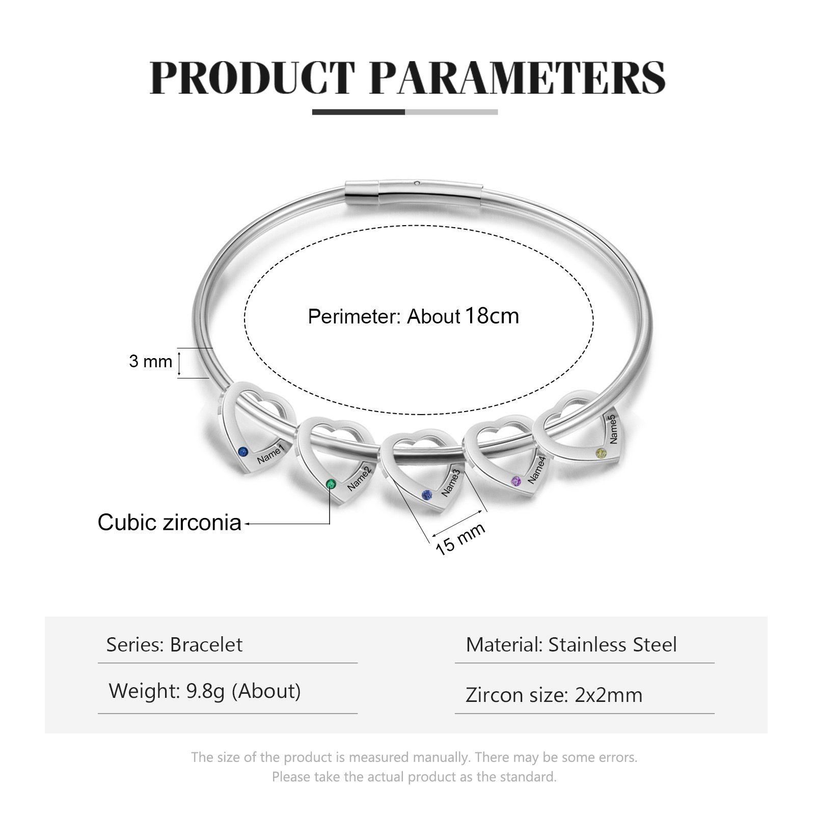 Bracciale Personalizzato da Donna a Forma di Cuore con 5 Nomi e 5 Pietre della Nascita - Oro o Argento - Regalo di San Valentino per Lei | Jessemade