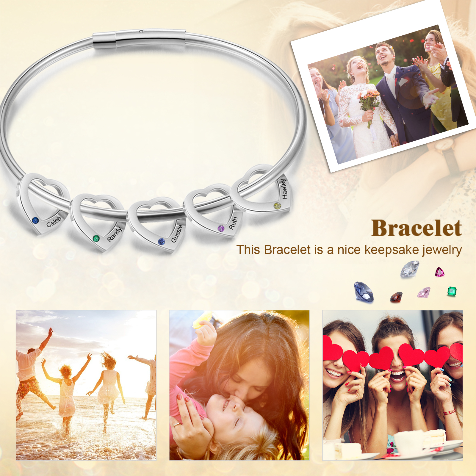 Bracciale Personalizzato da Donna a Forma di Cuore con 5 Nomi e 5 Pietre della Nascita - Oro o Argento - Regalo di San Valentino per Lei | Jessemade