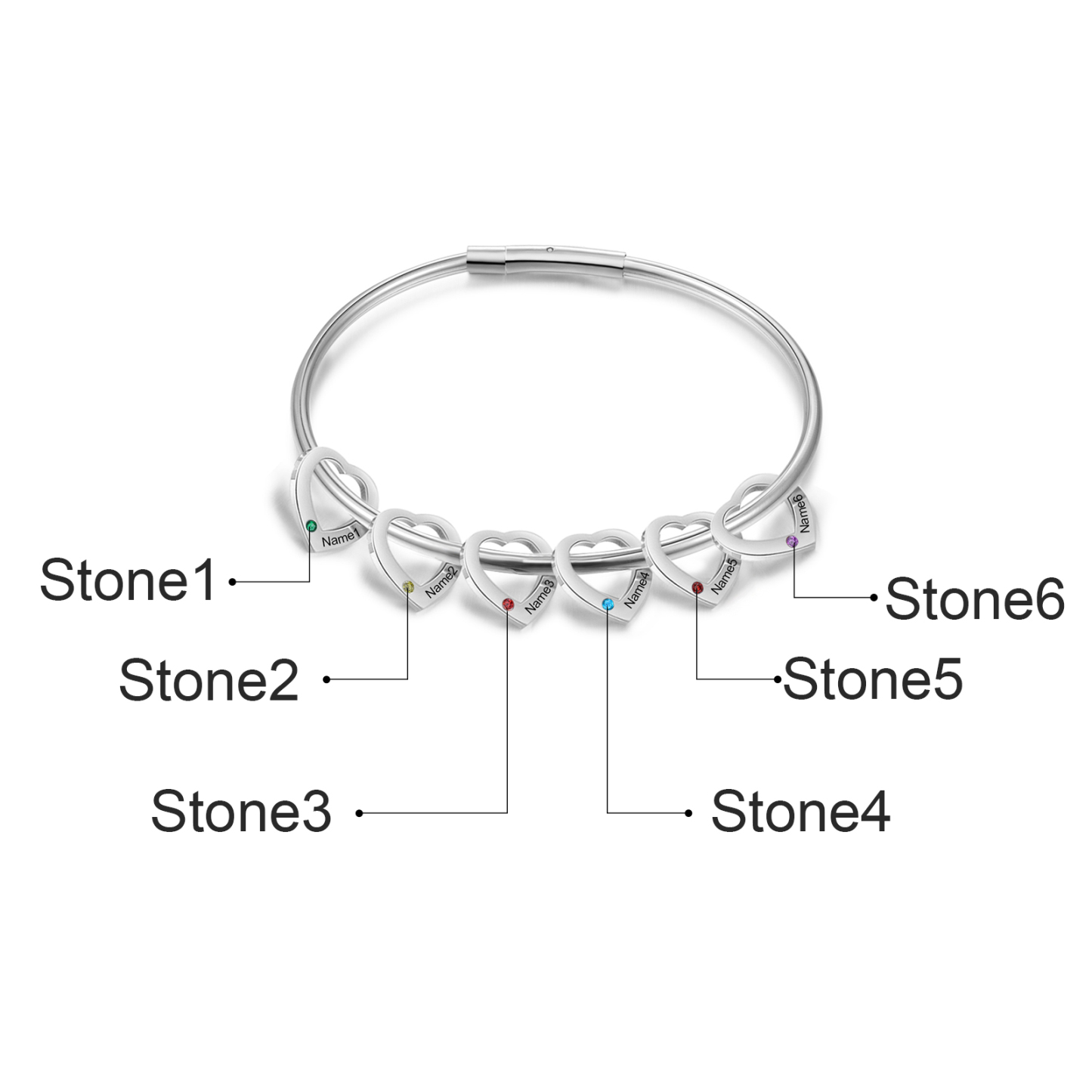 Bracciale Personalizzato da Donna a Forma di Cuore con 6 Nomi e 6 Pietre della Nascita - Oro o Argento - Regalo di San Valentino per Lei | Jessemade