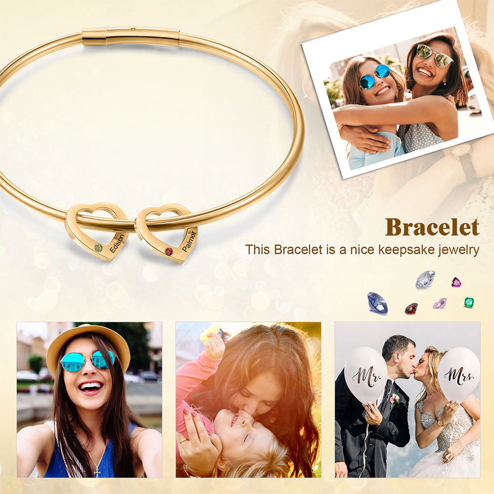 Bracciale Personalizzato da Donna a Forma di Cuore con 2 Nomi e 2 Pietre della Nascita - Oro o Argento - Regalo di San Valentino per Lei | Jessemade