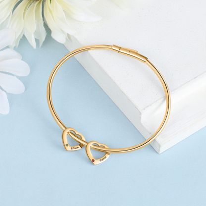 Bracciale Personalizzato da Donna a Forma di Cuore con 2 Nomi e 2 Pietre della Nascita - Oro o Argento - Regalo di San Valentino per Lei | Jessemade