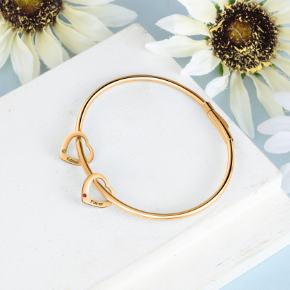 Bracciale Personalizzato da Donna a Forma di Cuore con 2 Nomi e 2 Pietre della Nascita - Oro o Argento - Regalo di San Valentino per Lei | Jessemade