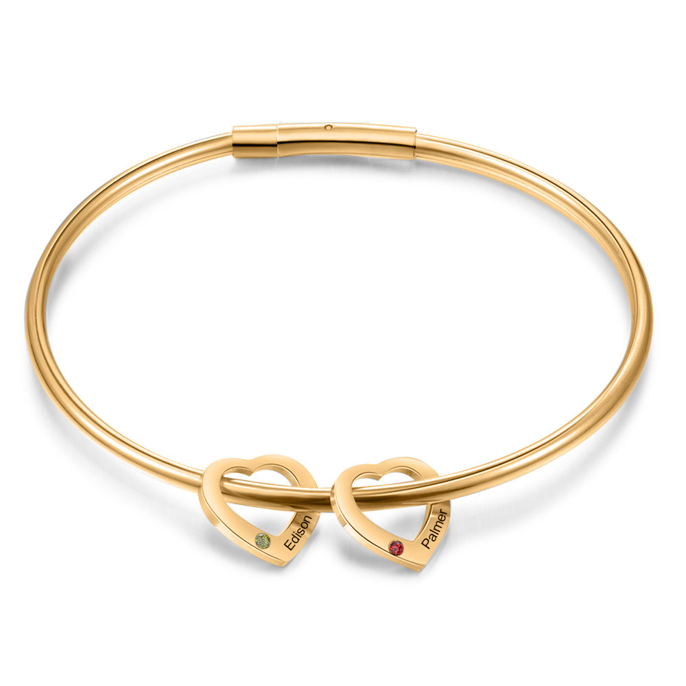 Bracciale Personalizzato da Donna a Forma di Cuore con 2 Nomi e 2 Pietre della Nascita - Oro o Argento - Regalo di San Valentino per Lei | Jessemade