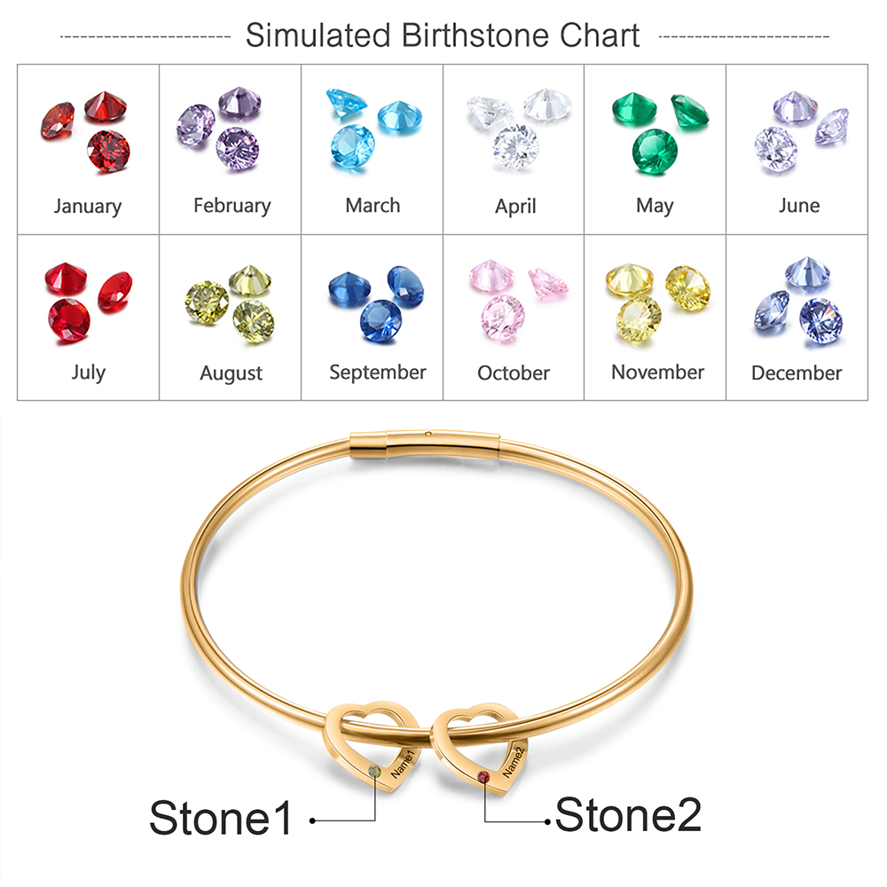 Bracciale Personalizzato da Donna a Forma di Cuore con 2 Nomi e 2 Pietre della Nascita - Oro o Argento - Regalo di San Valentino per Lei | Jessemade