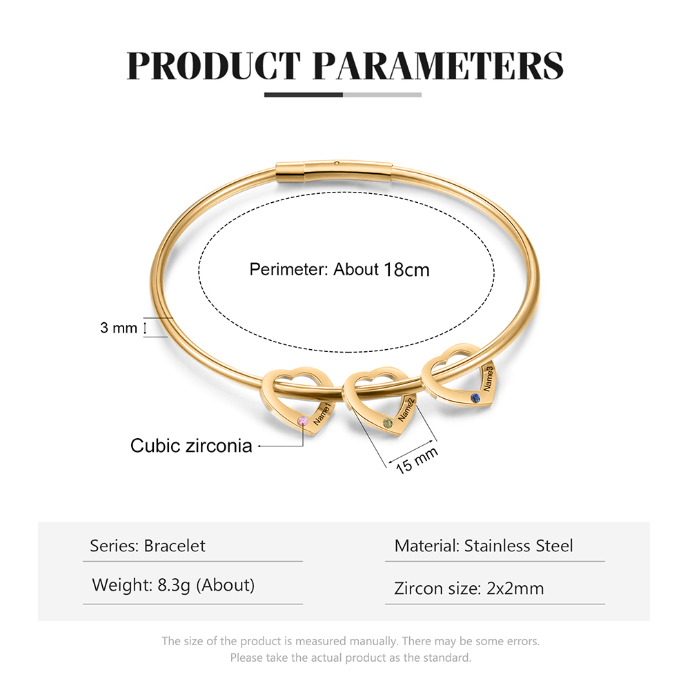 Bracciale Personalizzato da Donna a Forma di Cuore con 3 Nomi e 3 Pietre della Nascita - Oro o Argento - Regalo di San Valentino per Lei | Jessemade