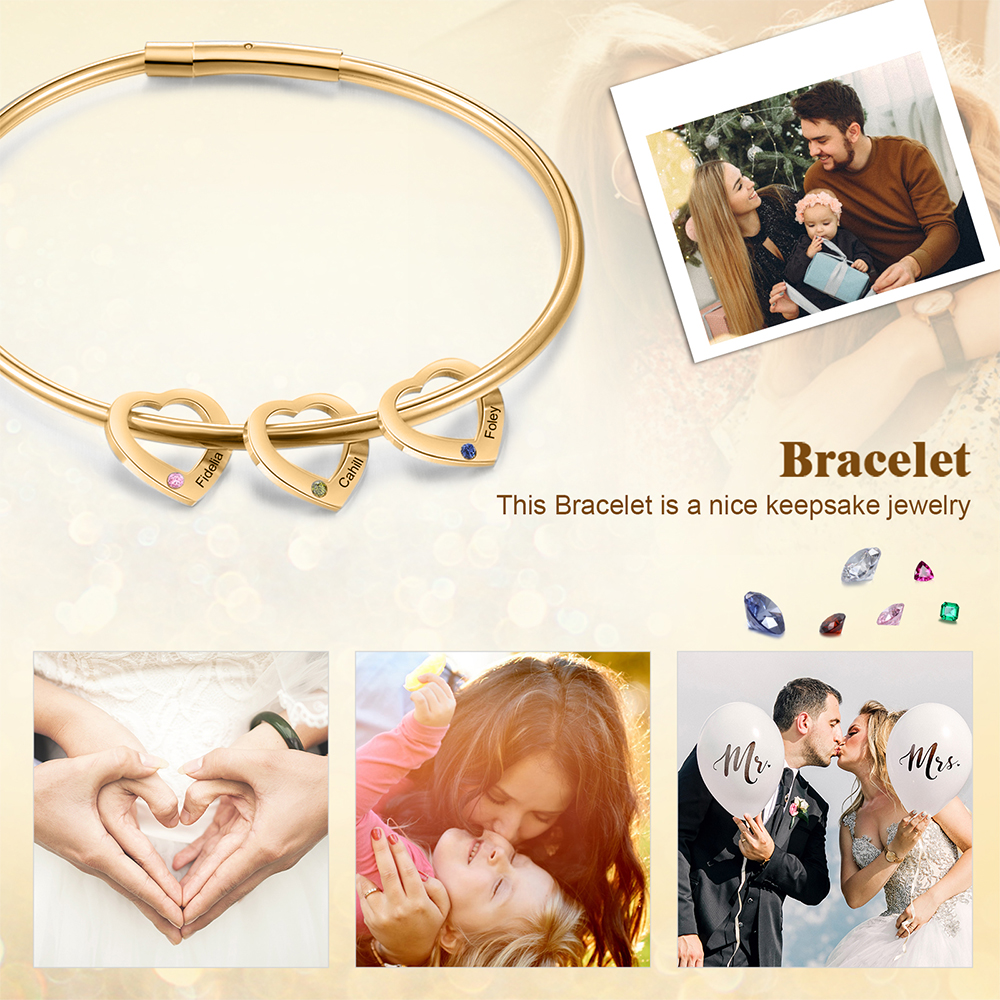Bracciale Personalizzato da Donna a Forma di Cuore con 3 Nomi e 3 Pietre della Nascita - Oro o Argento - Regalo di San Valentino per Lei | Jessemade