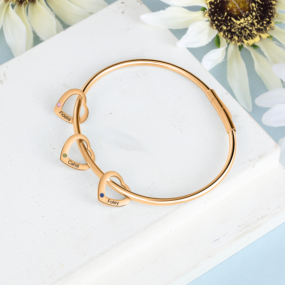 Bracciale Personalizzato da Donna a Forma di Cuore con 3 Nomi e 3 Pietre della Nascita - Oro o Argento - Regalo di San Valentino per Lei | Jessemade
