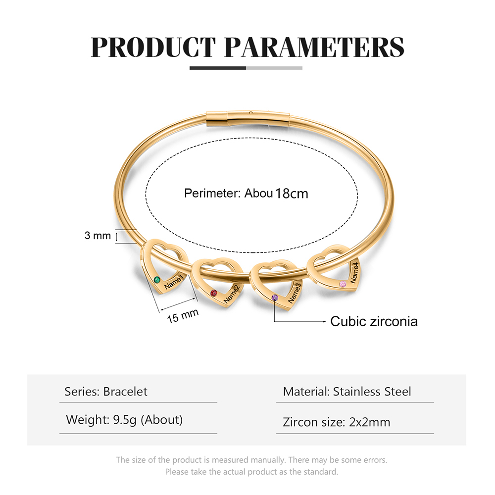 Bracciale Personalizzato da Donna a Forma di Cuore con 4 Nomi e 4 Pietre della Nascita - Oro o Argento - Regalo di San Valentino per Lei | Jessemade