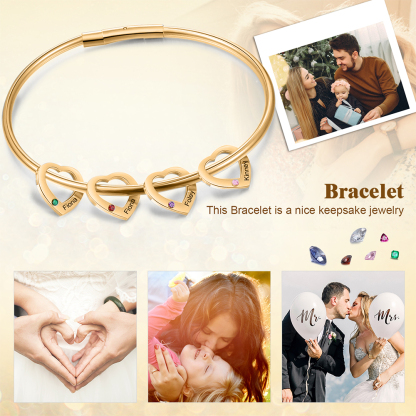 Bracciale Personalizzato da Donna a Forma di Cuore con 4 Nomi e 4 Pietre della Nascita - Oro o Argento - Regalo di San Valentino per Lei | Jessemade