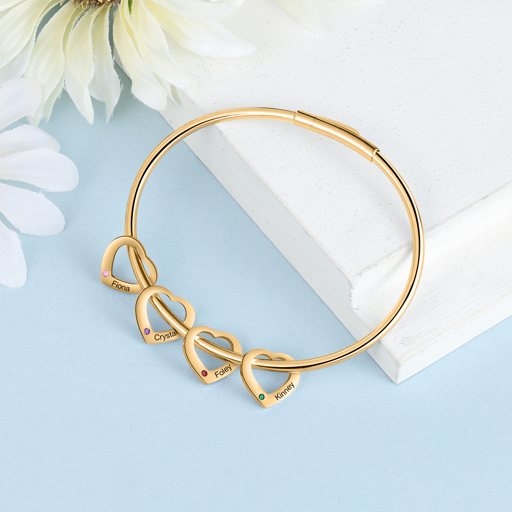 Bracciale Personalizzato da Donna a Forma di Cuore con 4 Nomi e 4 Pietre della Nascita - Oro o Argento - Regalo di San Valentino per Lei | Jessemade