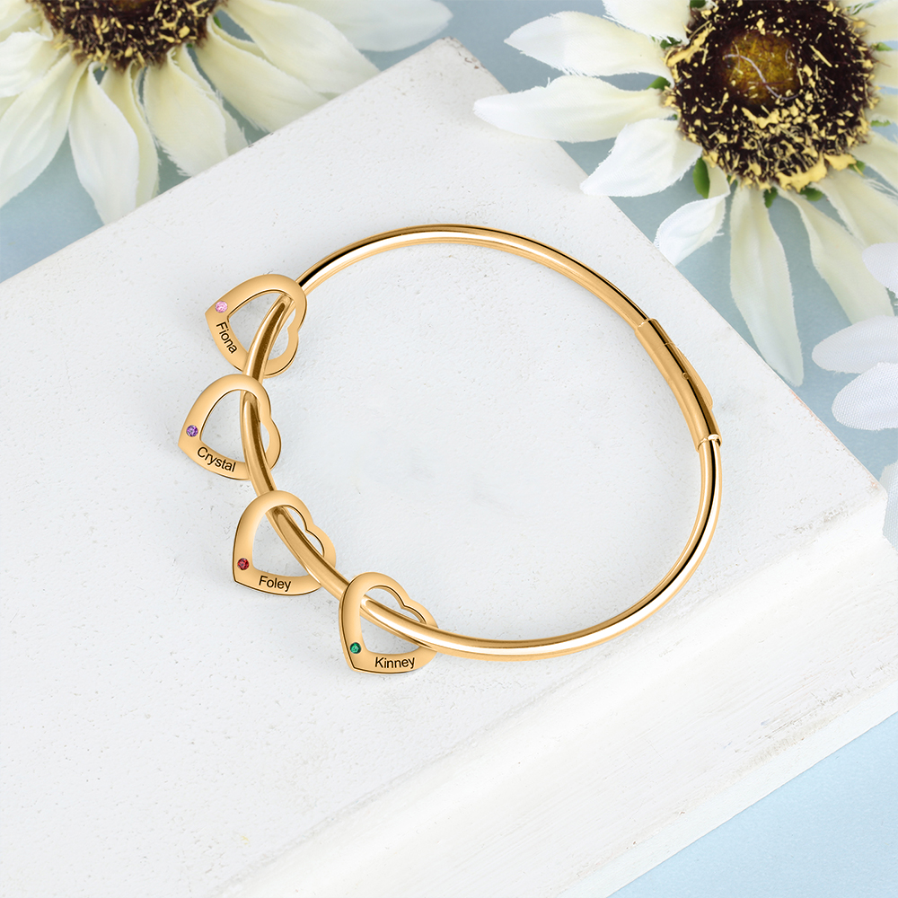 Bracciale Personalizzato da Donna a Forma di Cuore con 4 Nomi e 4 Pietre della Nascita - Oro o Argento - Regalo di San Valentino per Lei | Jessemade