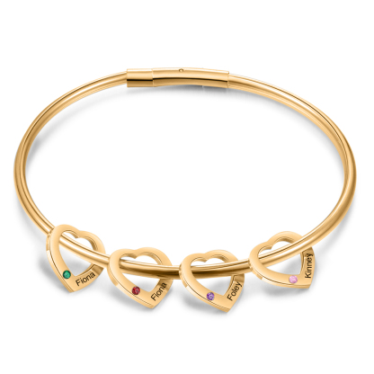 Bracciale Personalizzato da Donna a Forma di Cuore con 4 Nomi e 4 Pietre della Nascita - Oro o Argento - Regalo di San Valentino per Lei | Jessemade
