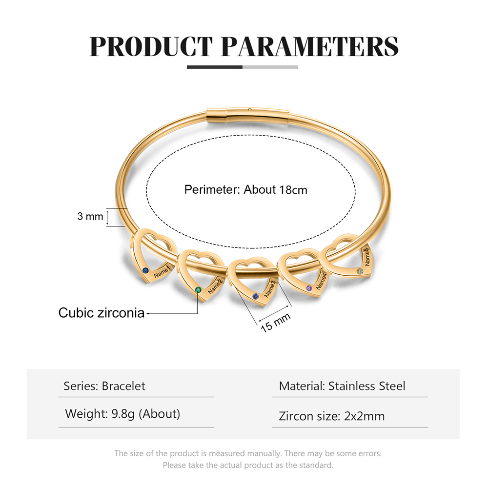 Bracciale Personalizzato da Donna a Forma di Cuore con 5 Nomi e 5 Pietre della Nascita - Oro o Argento - Regalo di San Valentino per Lei | Jessemade