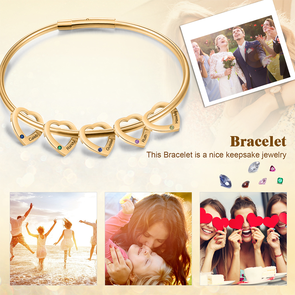 Bracciale Personalizzato da Donna a Forma di Cuore con 5 Nomi e 5 Pietre della Nascita - Oro o Argento - Regalo di San Valentino per Lei | Jessemade