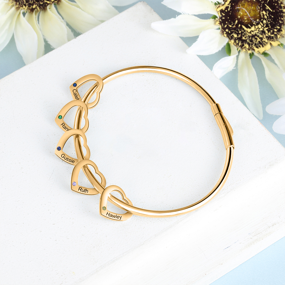 Bracciale Personalizzato da Donna a Forma di Cuore con 5 Nomi e 5 Pietre della Nascita - Oro o Argento - Regalo di San Valentino per Lei | Jessemade