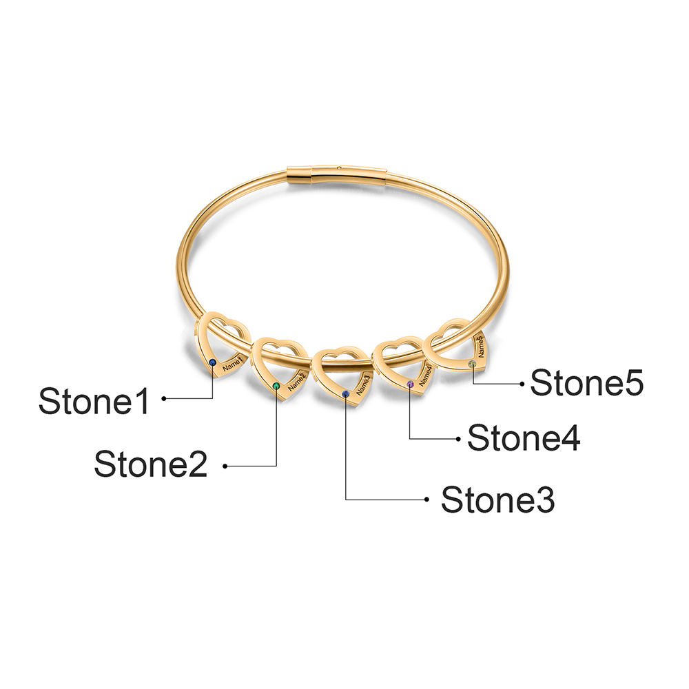 Bracciale Personalizzato da Donna a Forma di Cuore con 5 Nomi e 5 Pietre della Nascita - Oro o Argento - Regalo di San Valentino per Lei | Jessemade