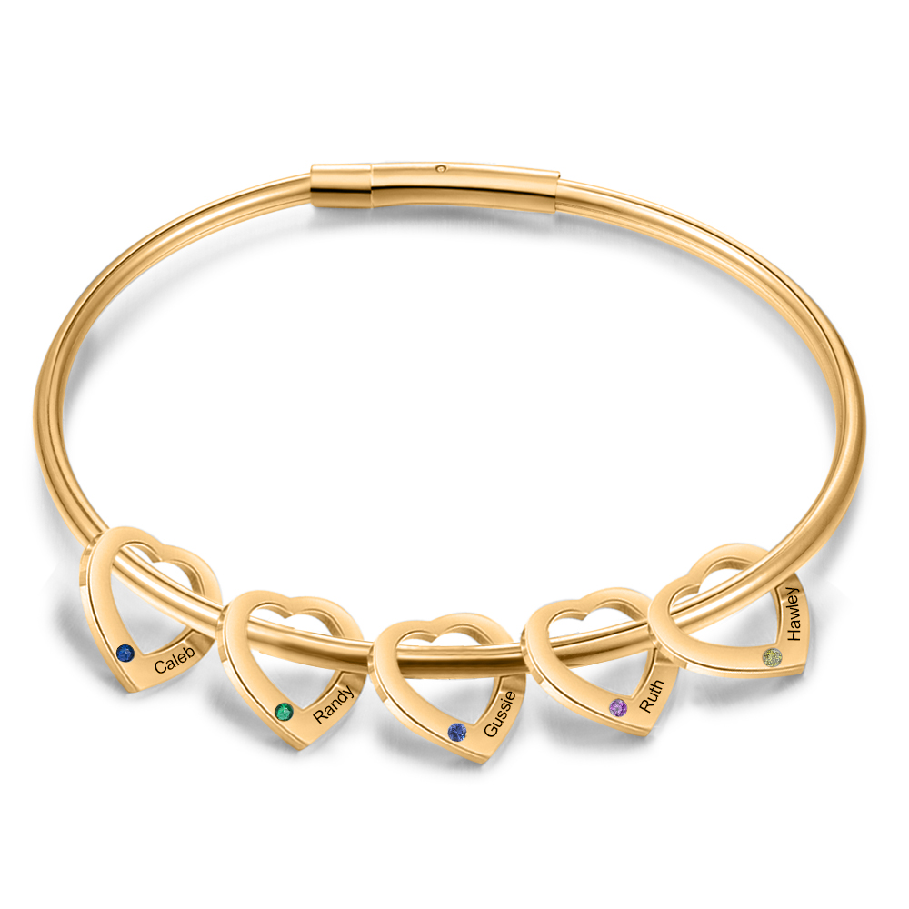 Bracciale Personalizzato da Donna a Forma di Cuore con 5 Nomi e 5 Pietre della Nascita - Oro o Argento - Regalo di San Valentino per Lei | Jessemade