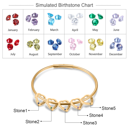Bracciale Personalizzato da Donna a Forma di Cuore con 5 Nomi e 5 Pietre della Nascita - Oro o Argento - Regalo di San Valentino per Lei | Jessemade
