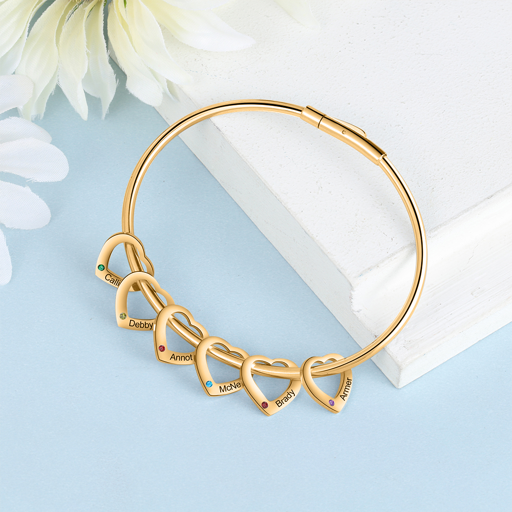 Bracciale Personalizzato da Donna a Forma di Cuore con 6 Nomi e 6 Pietre della Nascita - Oro o Argento - Regalo di San Valentino per Lei | Jessemade